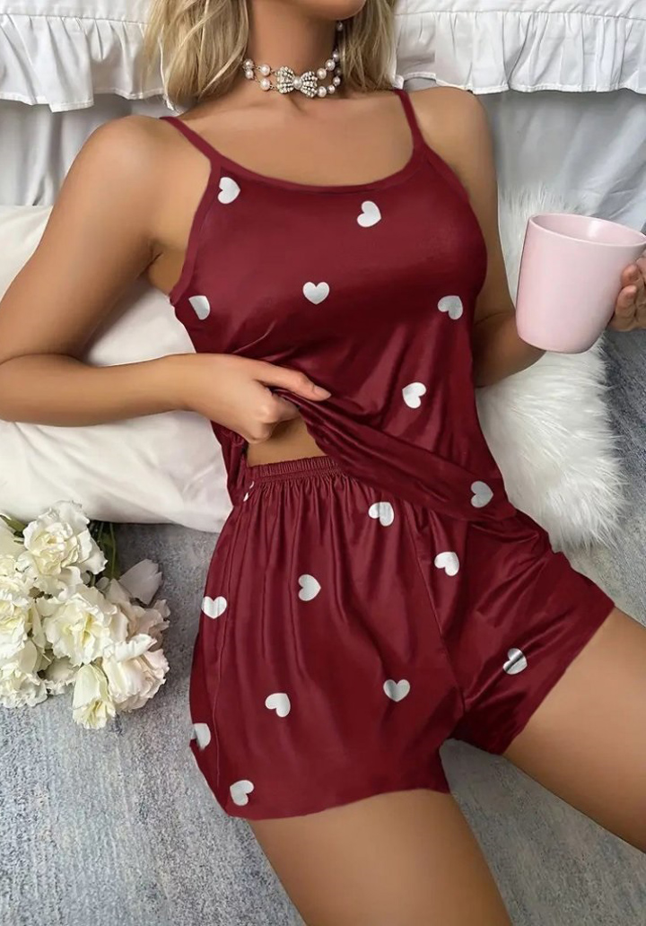 Kadın Kolsuz Kalp Desen şortlu Süprem Pijama Takımı 