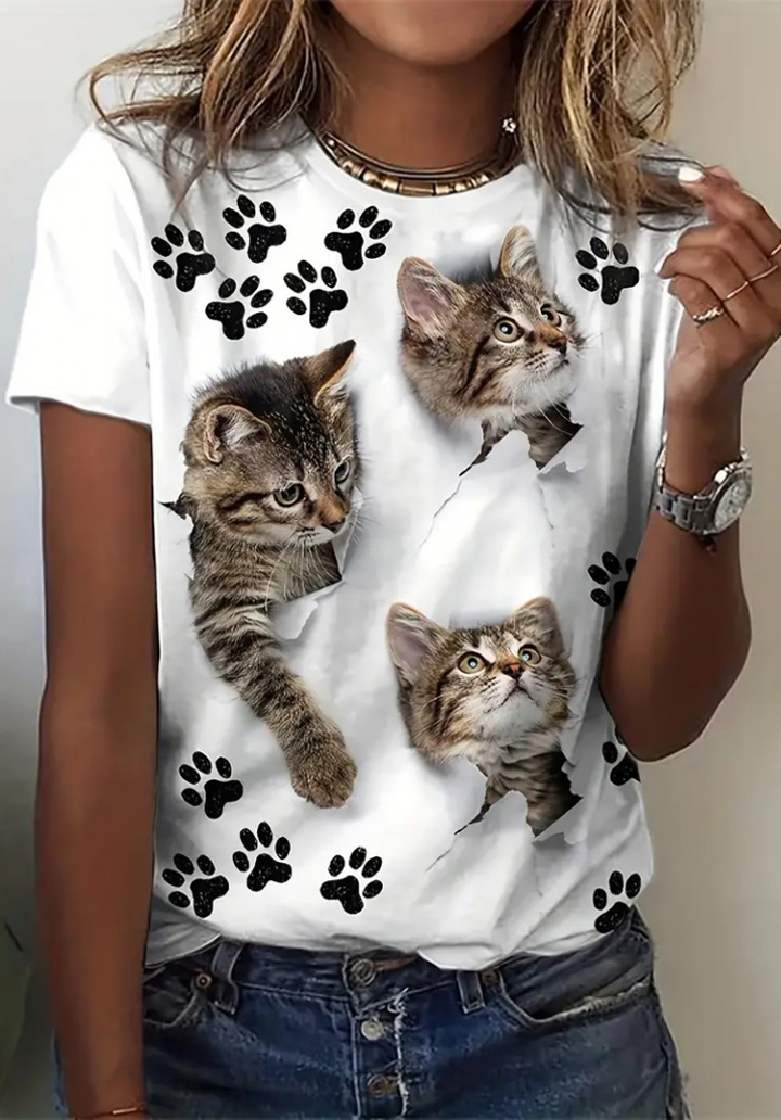 Kadın Kısa Kollu Kedi Ve Pati Baskılı Süprem T-shirt 