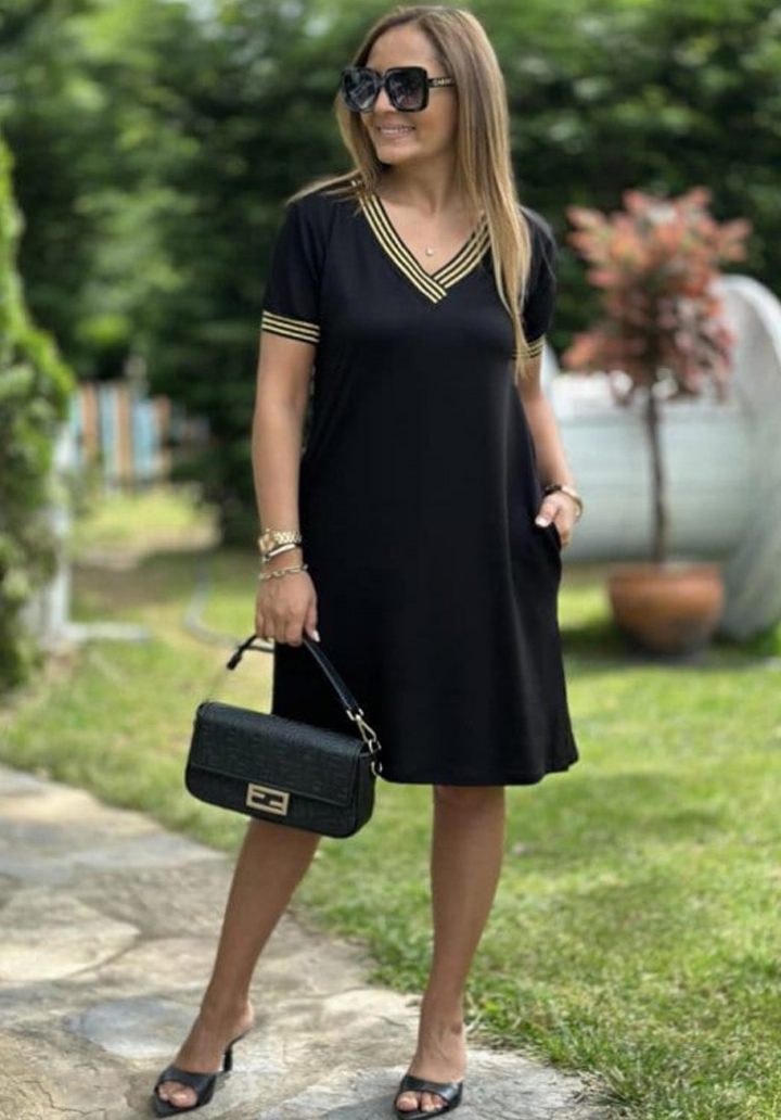 Kadın Kısa Kollu Ribanalı V Yaka Cepli Elbise - Siyah