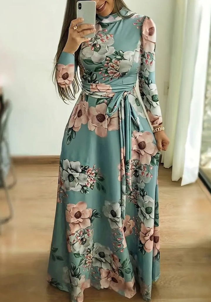 Kadın Uzun Kollu Yuvarlak Yakalı Beli Kuşaklı Desenli Süprem Uzun Elbise 