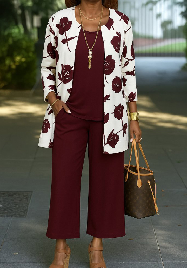 Kadın Uzun Kollu Önü Açık Modal Ceket Kolsuz Viskon İki İplik Bluz ve Pantolon Üçlü Takım 