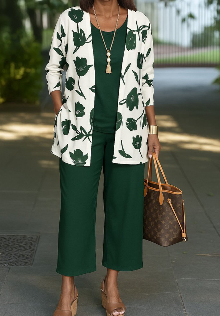 Kadın Uzun Kollu Önü Açık Modal Ceket Kolsuz Viskon İki İplik Bluz ve Pantolon Üçlü Takım