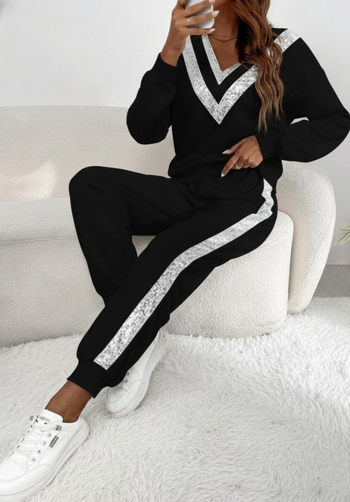 Kadın Uzun Kollu V Yakalı Pulpayetli Viskon İki İplik Bluz ve Pantolon