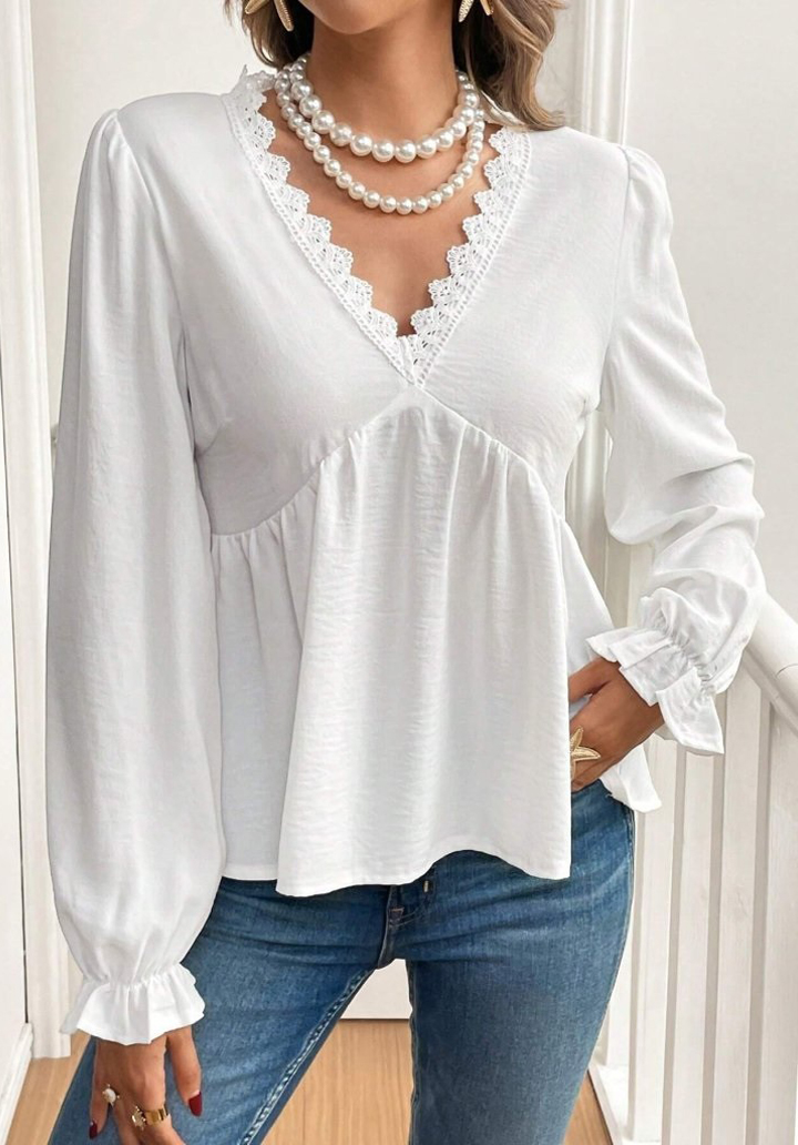 Kadın Uzun Kollu V Dantel Yaka Aerobin Bluz 