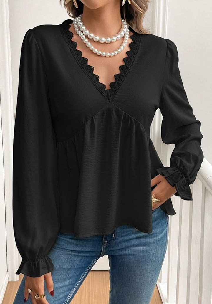 Kadın Uzun Kollu V Dantel Yaka Aerobin Bluz 