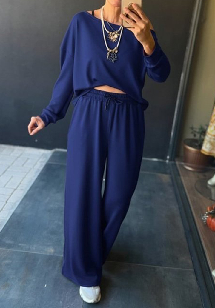 Kadın Uzun Kollu Tek Omuzdan Açık Viskon İki İplik Bluz ve Pantolon İkili Takım