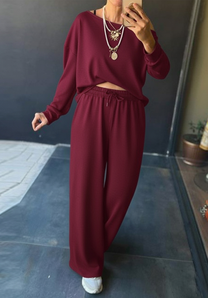 Kadın Uzun Kollu Tek Omuzdan Açık Viskon İki İplik Bluz ve Pantolon İkili Takım 