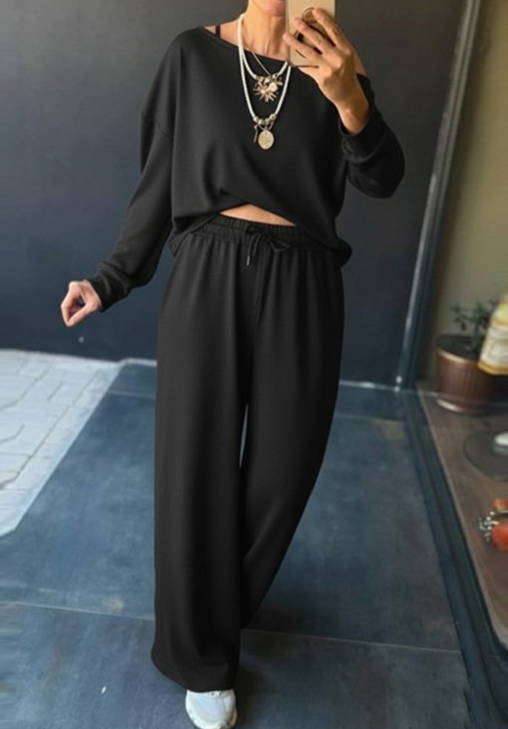 Kadın Uzun Kollu Tek Omuzdan Açık Viskon İki İplik Bluz ve Pantolon İkili Takım