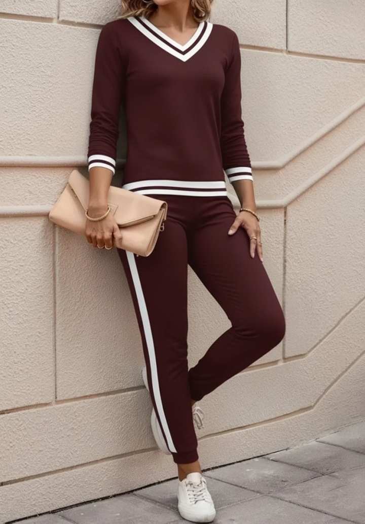 Kadın Uzun Kollu V Yakalı Ribanalı Viskon İki İplik Bluz ve Pantolon İkili Takım