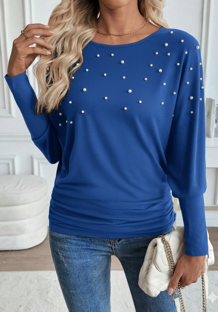 Kadın Uzun Kollu Yuvarlak Yaka İncili Viskon Bluz 