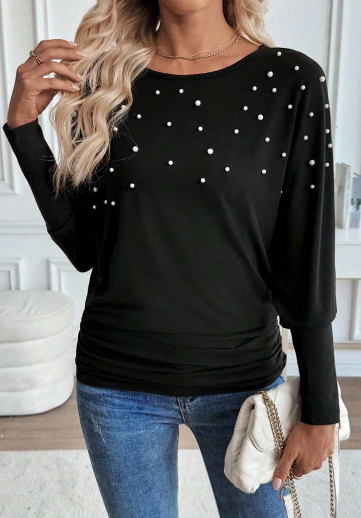 Kadın Uzun Kollu Yuvarlak Yaka İncili Viskon Bluz 