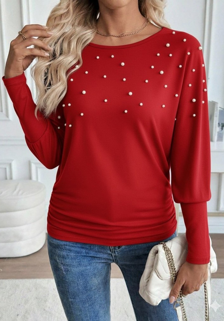 Kadın Uzun Kollu Yuvarlak Yaka İncili Viskon Bluz 