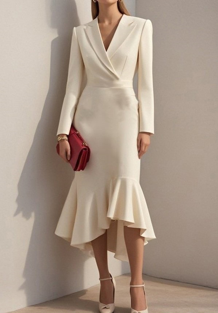 Kadın Uzun Kollu Yakalı Belden Oturtmalı Midi İthal Krep Elbise
