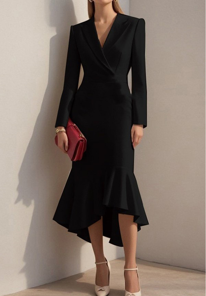 Kadın Uzun Kollu Yakalı Belden Oturtmalı Midi İthal Krep Elbise