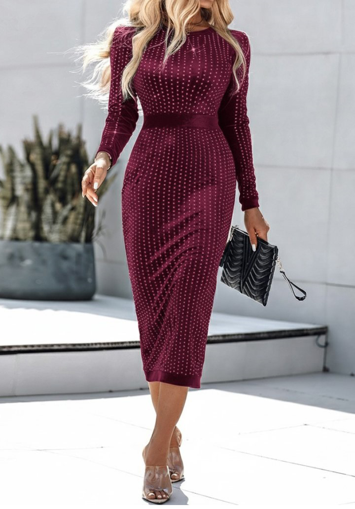 Kadın Uzun Kollu Bisiklet Yaka Taşlı Midi Kadife Elbise 