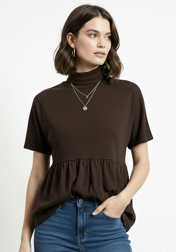 Balıkçı Yaka Kısa Kol Fırfırlı Peplum Kesim Triko T-Shirt Kazak