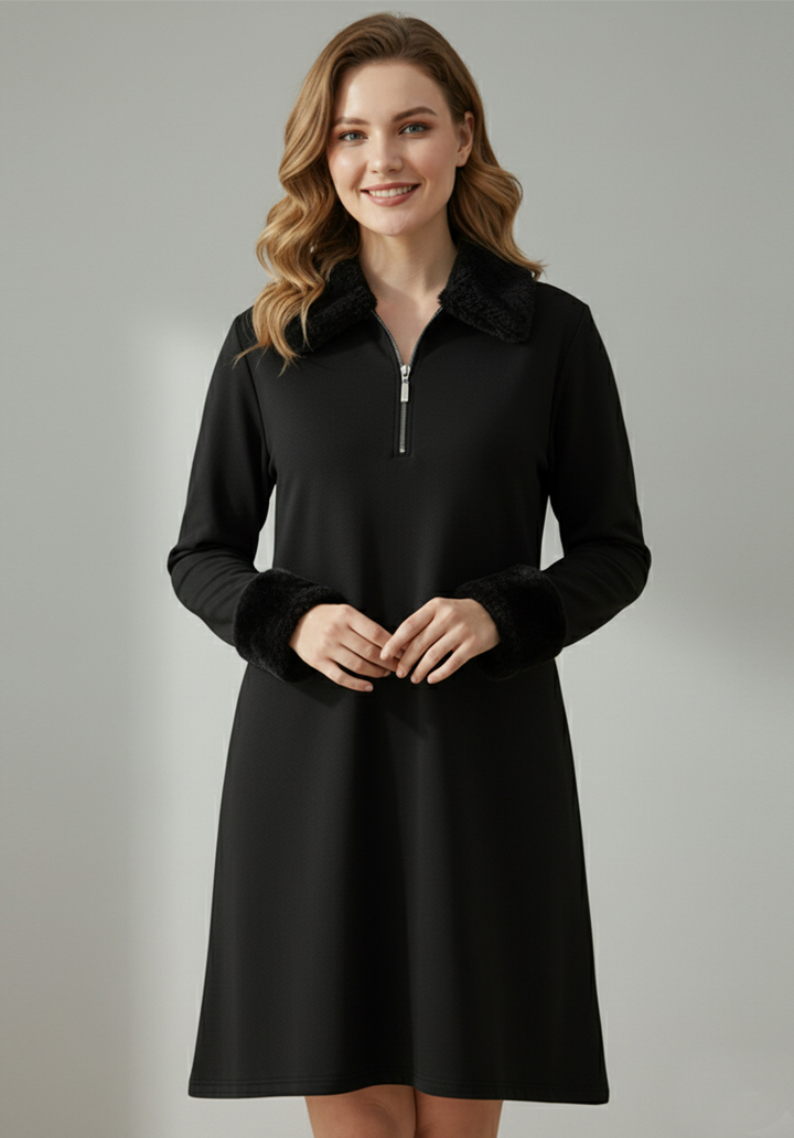 İki İplik Kumaş Peluş Yakalı Fermuarlı Midi Boy Elbise