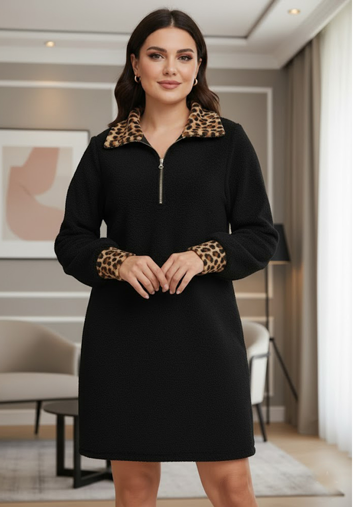 Yakası Leopar Detaylı Kışlık Peluş Mini Elbise