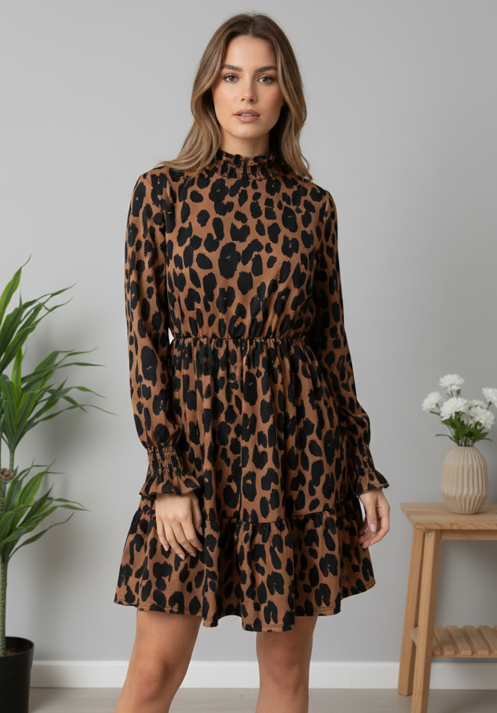Leopar Desenli Uzun Kollu Beli Lastikli Dik Yaka Mini Elbise