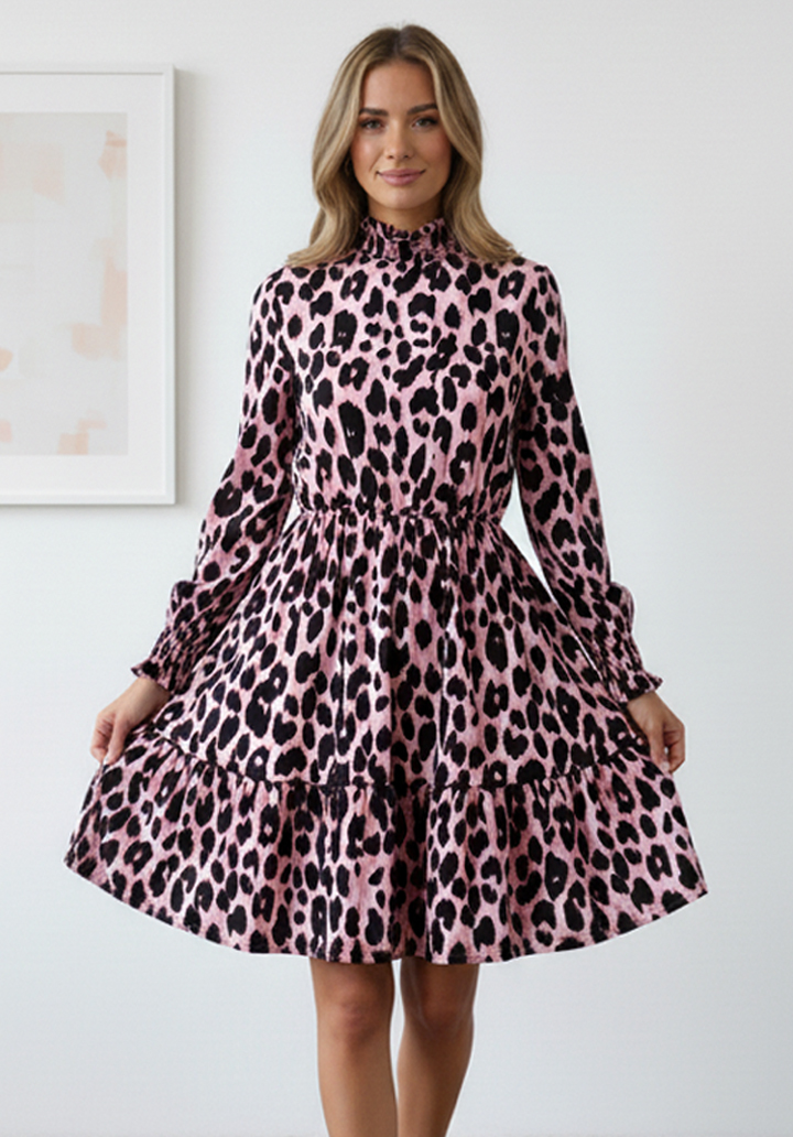 Leopar Desenli Uzun Kollu Beli Lastikli Dik Yaka Mini Elbise