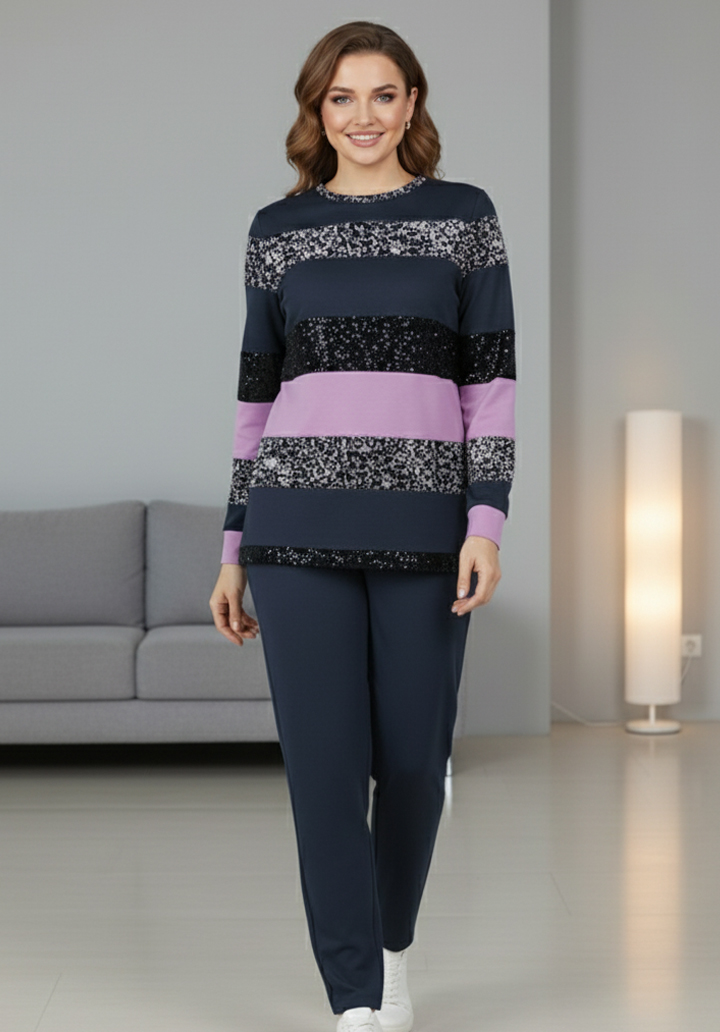 Çizgi Desenli İki İplik Kumaş Rahat Kesim Alt Üst İkili Takım