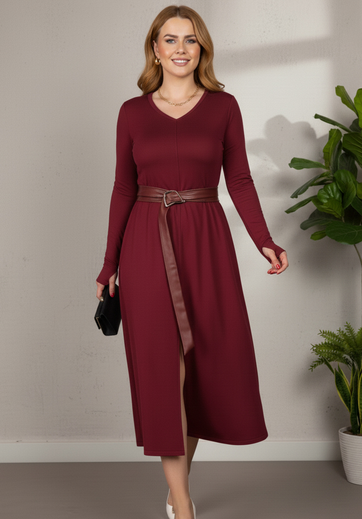 Şık V Yaka Esnek Kumaş Deri Kuşak Kemerli Midi Boy Elbise