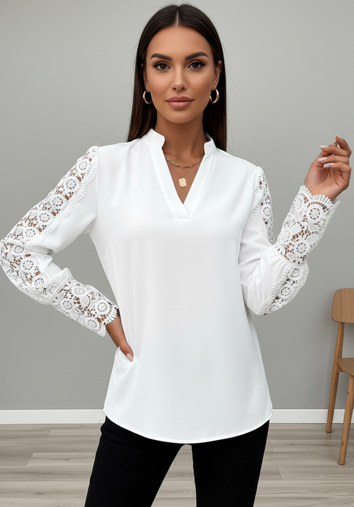 Modern Kesim Hakim Yaka  Kolları Dantel Detaylı Şık Bluz