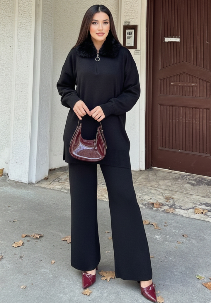Kürk Yakalı Triko Tunik Pantolon Oversize Alt Üst Takım