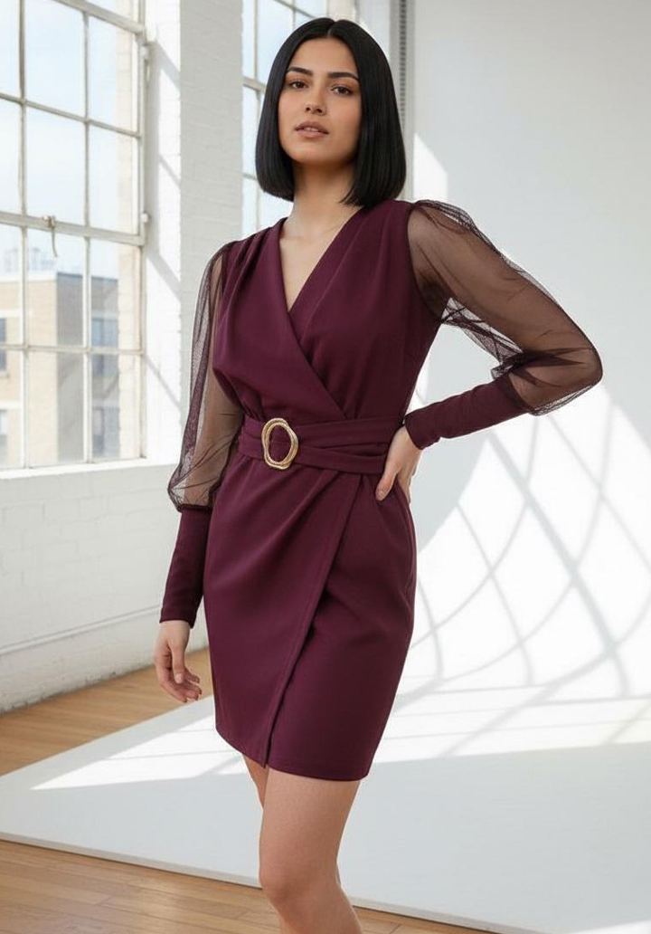 Tül Transparan Kollu Toka Kemerli Mini Abiye Elbise