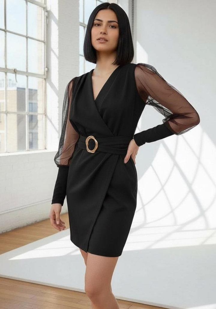 Tül Transparan Kollu Toka Kemerli Mini Abiye Elbise