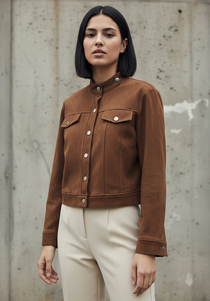 Hakim Yaka Önden Düğmeli Crop Süet Ceket 