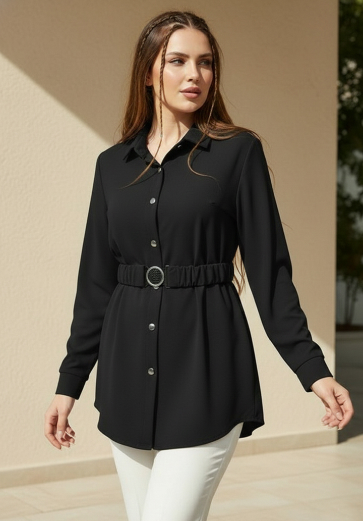 Önden Kemerli Uzun Kollu Yeni Sezon Şık Tunik Gömlek