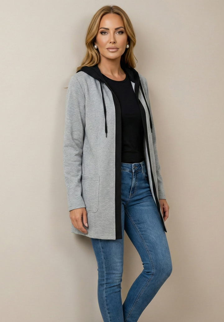 Kapüşonlu İki İplik Kumaş Şardonlu Uzun Hırka