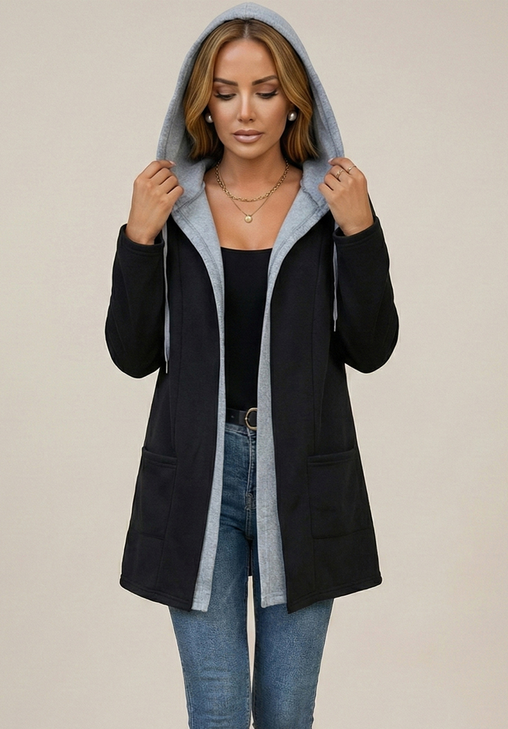 Kapüşonlu İki İplik Kumaş Şardonlu Uzun Hırka