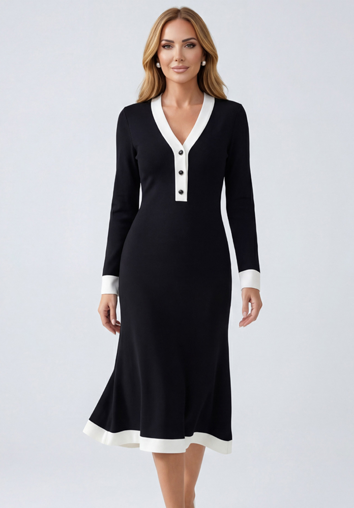 Yaka ve Manşet Detaylı Uzun Kollu Midi Boy Elbise