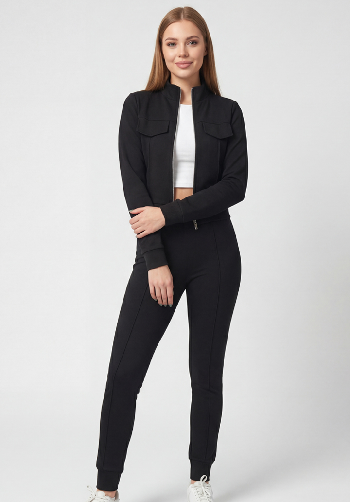 Cepli Fermuarlı Kısa Ceket ve Pantolon İkili Takım