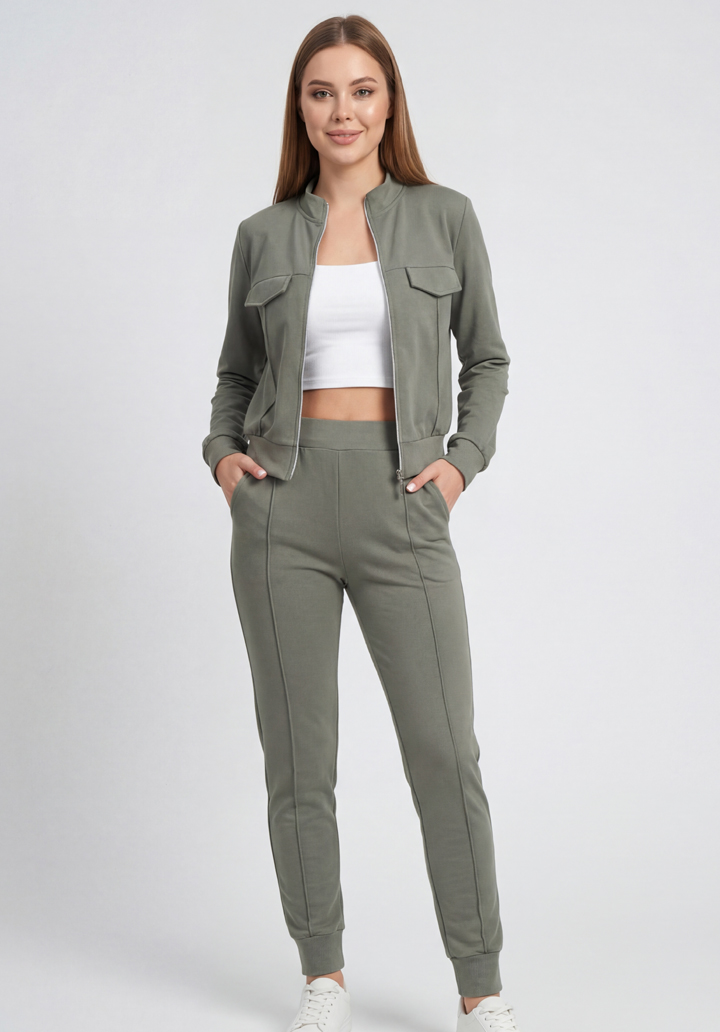 Cepli Fermuarlı Kısa Ceket ve Pantolon İkili Takım