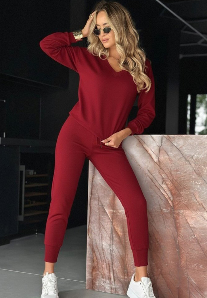 Kırmızı İki İplik V Yaka Sweatshirt Eşofman Alt Üst Kadın Takım Spor Günlük Kombin