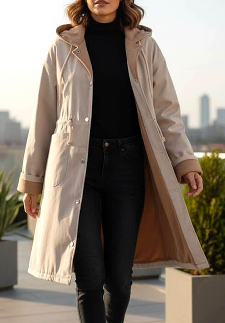 Kapüşonlu İçi Kaşe Su Geçirmez Mikro Kumaş Midi Boy Mont