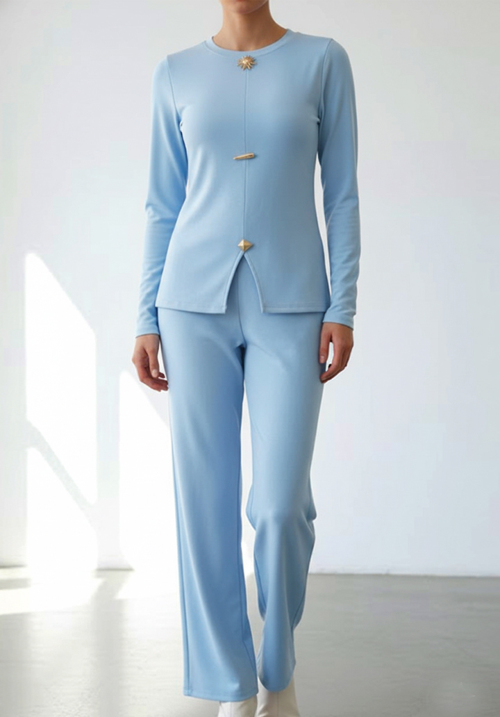 Broş Detaylı Ottoman Kumaş Alt Üst İkili Takım