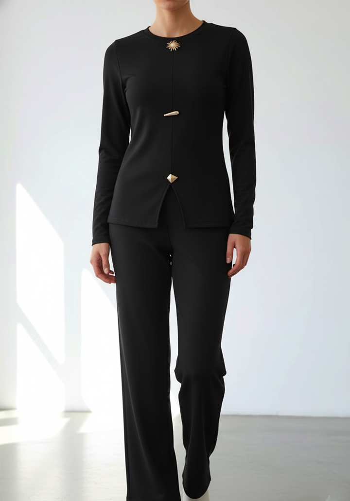 Broş Detaylı Ottoman Kumaş Alt Üst İkili Takım