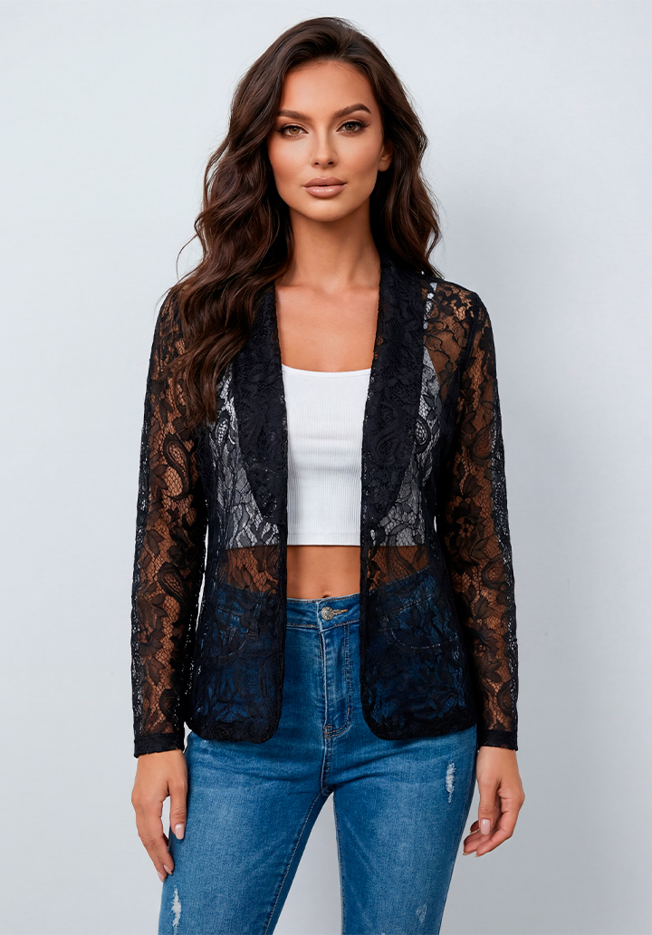 Önü Açık Dantelli Tül Blazer Ceket