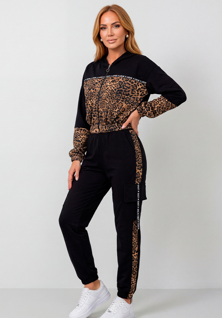 Leopar Desenli Kapüşonlu Fermuarlı Siyah Eşofman Takımı
