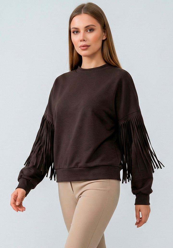 Saçaklı Kol Detaylı Bisiklet Yaka Bluz