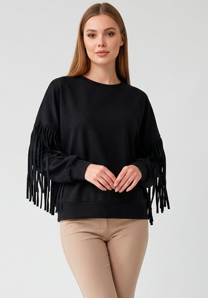 Saçaklı Kol Detaylı Bisiklet Yaka Bluz