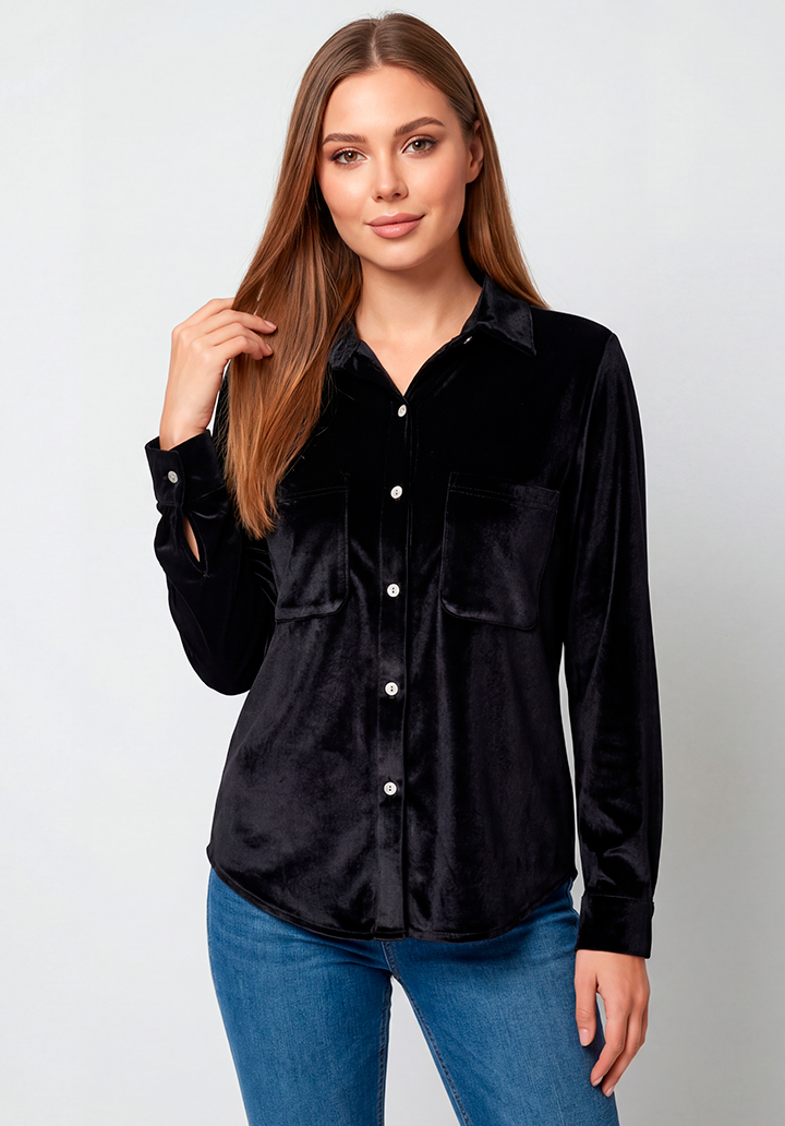 Siyah Cepli  Düğmeli Yumuşak Dokulu Günlük Şık Kadife Gömlek