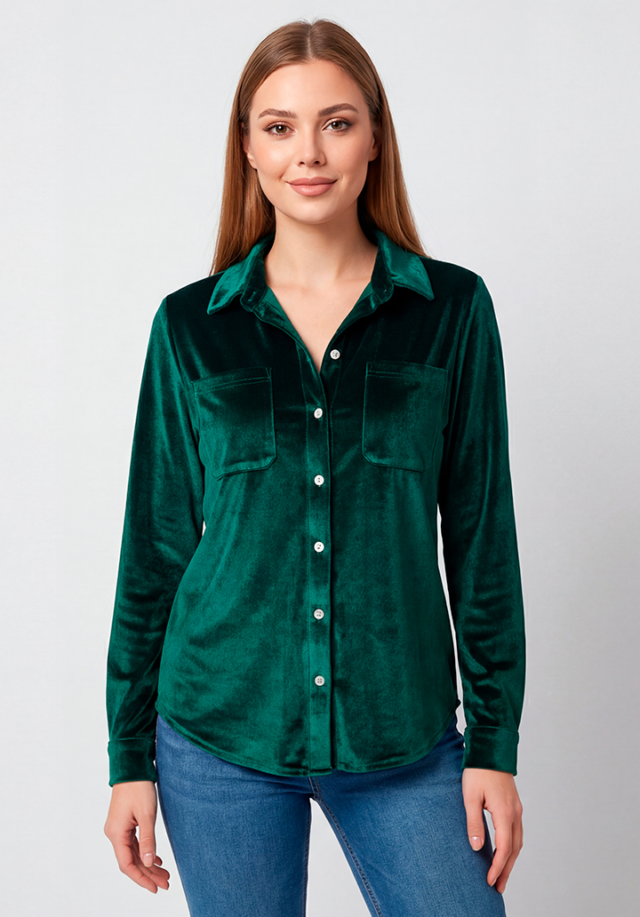 Siyah Cepli  Düğmeli Yumuşak Dokulu Günlük Şık Kadife Gömlek