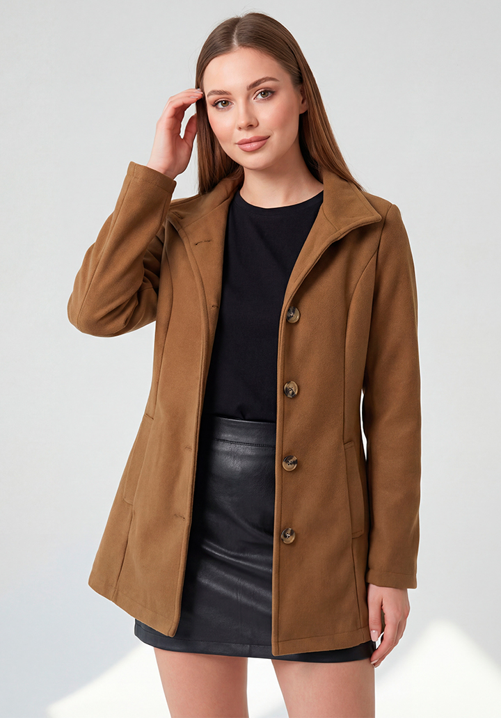 Kadın Taba Dik Yaka Düğmeli Astarsız Kaşe Kaban