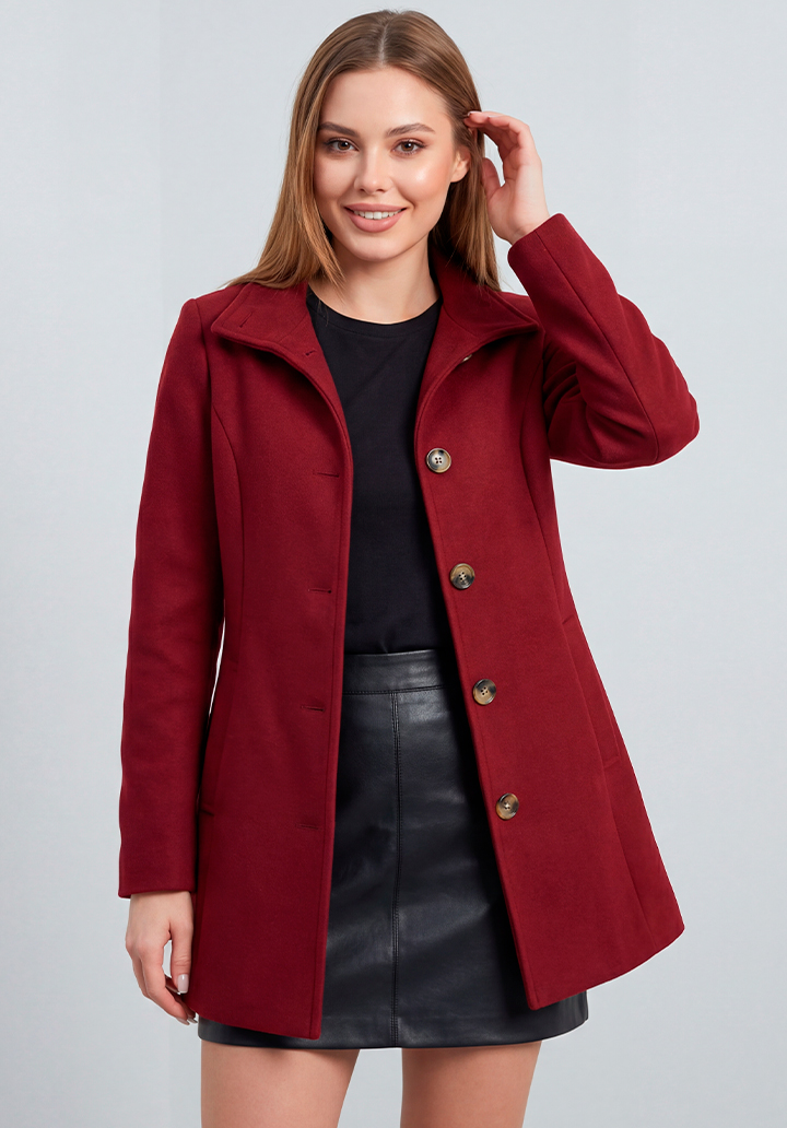 Kadın Bordo Dik Yaka Düğmeli Astarsız Kaşe Kaban