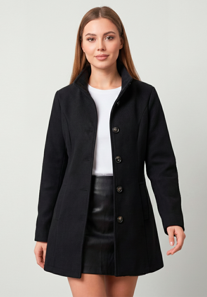 Kadın Bordo Dik Yaka Düğmeli Astarsız Kaşe Kaban